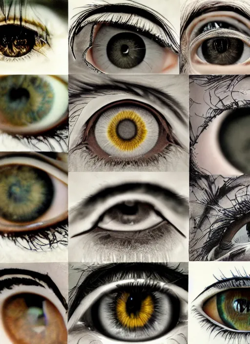 Image similar to montage, human irises!, happy smiling, centered thin ring iris, detailed textures, eyelashes, advanced art, art styles mix, from wikipedia, wet relections, hd macro photograph, grid of eye shapes