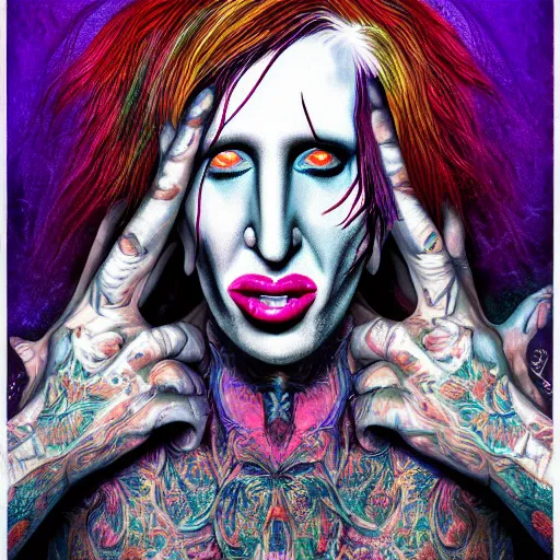 Image similar to an extremely psychedelic portrait of marilyn manson as baphomet, surreal, lsd, face, detailed, intricate, elegant, lithe, highly detailed, digital painting, artstation, concept art, smooth, sharp focus, illustration,