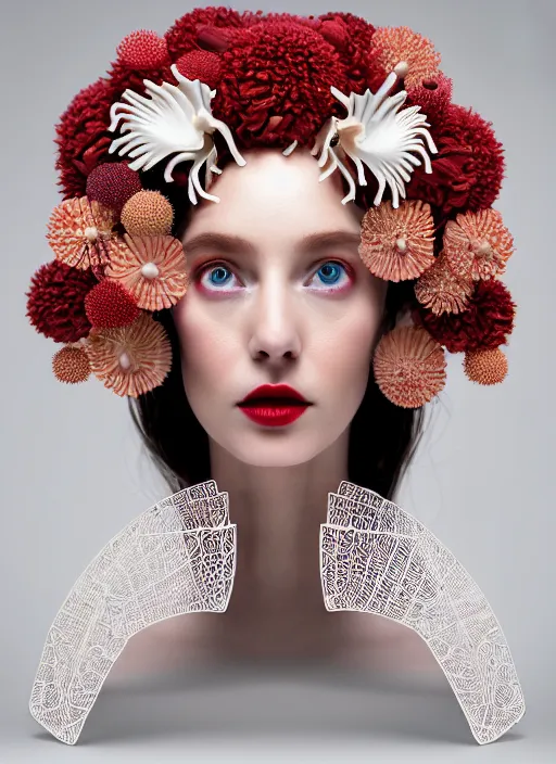 Prompt: beautiful porcelain ivory woman elegant red plump lips round hazel eyes biomechanical cyborg, intricate details, beautiful fair face, iris van herpin, elegant haute couture, laser cut mesh, headdress with daisies, colorful puffballs, mushrooms, rhizomorphs, brackets, fractal sponge corals, hyper detailed, ultra sharp, soft light, 8 k, uhd