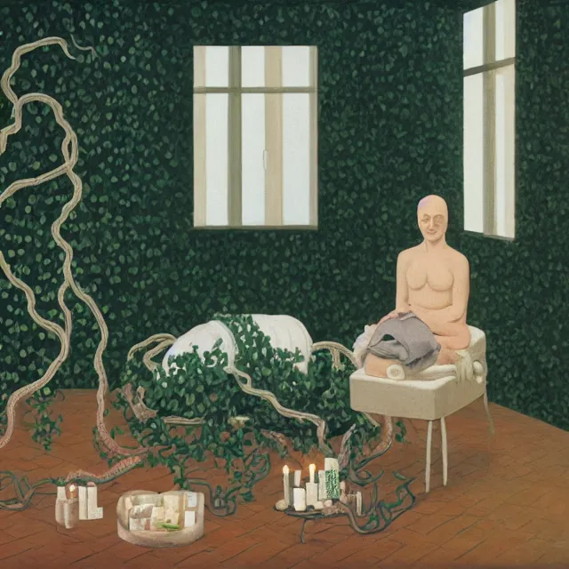 Image similar to a female pathology student in her apartment, wrapped in vines, medical equipment, candles, octopus, first aid kit, pig, black walls, ikebana, black armchair, sculpture, acrylic on canvas, surrealist, by magritte and monet