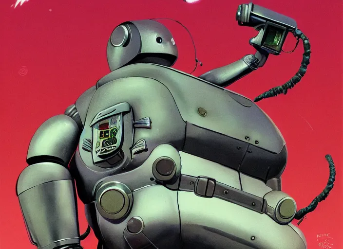 Image similar to very chunky / fat / wide vintage 5 0 s robot with a claw - arm, bright coloured alarm / control lights, fluid, smooth, organic, crazy, high contrast, sharpness, dramatic, by greg rutkowski and siudmak and richard corben and moebius