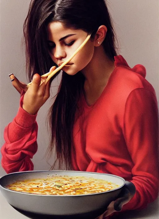 Prompt: ultrawide angle colour portrait masterpiece photography of selena gomez eating a bowl of chili shot by annie leibovitz michael cheval miho hirano moebius josh kirb