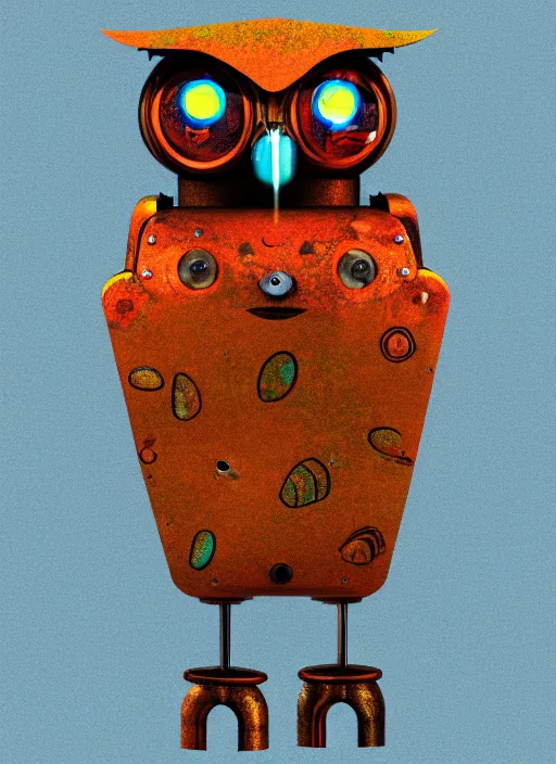 Image similar to colored pencil and pen drawing of an animatronic robot owl, bird made from rusty old keys and padlocks, 4 k photorender realityengine