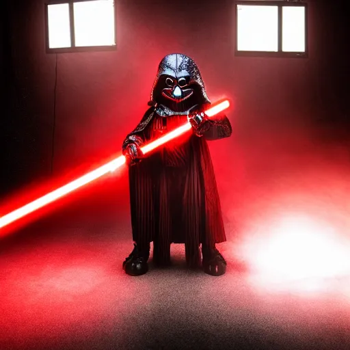 Prompt: Elmo as a dark lord of the sith weilding his red glowing light saber, studio portrait, mysterious lighting, 8K photograph