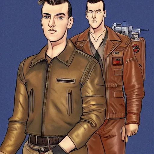 Image similar to handsome butch princely heroic square - jawed emotionless serious blonde woman aviator, with very short butch slicked - back hair, wearing brown leather jacket, standing in front of small spacecraft, illustration, science fiction, highly detailed, ron cobb, mike mignogna