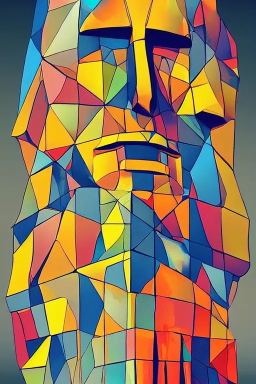 Image similar to cubist moai statue cutout digital illustration cartoon colorful beeple