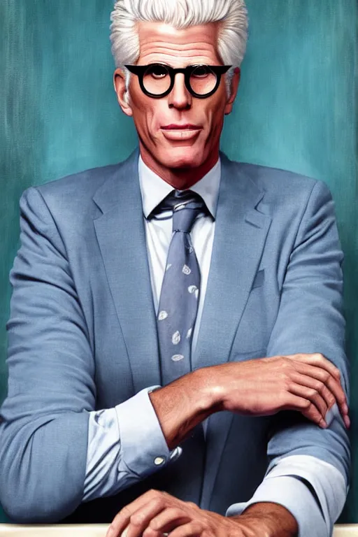 Prompt: a painting of ted danson in the good place, art by robin eley