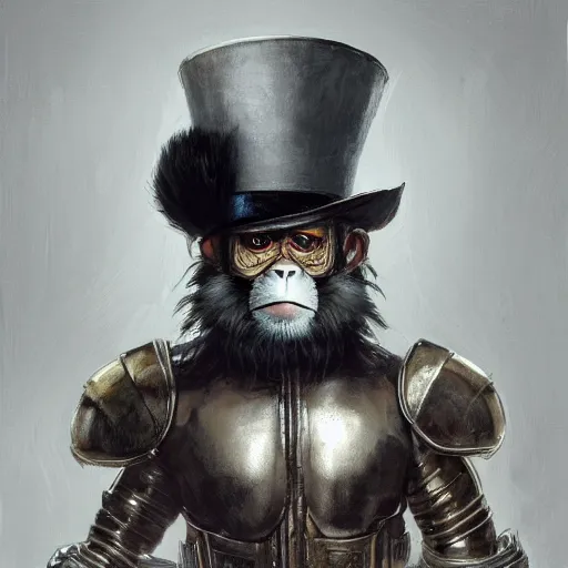 Image similar to photorealistic painting of a monkey with a top hat, partially clothed in metal-plated battle armor, symmetrical face, perfect eyes, intricate, elegant, digital painting, concept art, illustration, sharp focus, minimal artifacts, from Metal Gear, in the style of Ruan Jia and Mandy Jurgens, by Greg Rutkowski, trending on Artstation, award winning