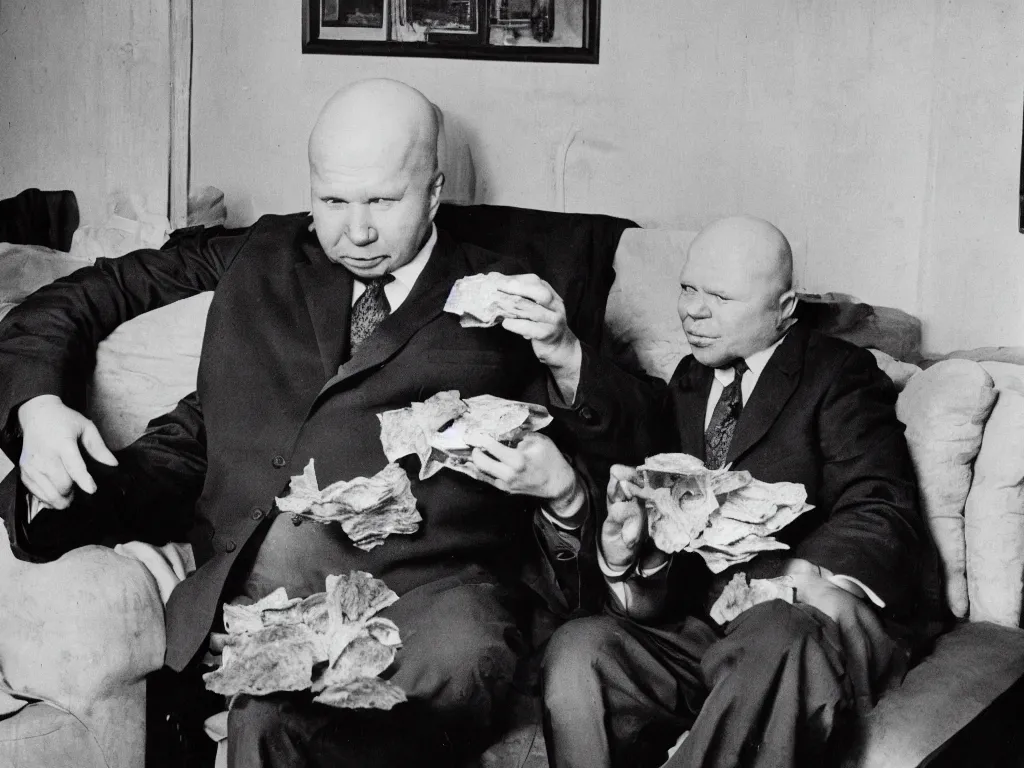 Prompt: nikita khrushchev sitting on a couch and eating a bag of corn chips in a soviet apartment, high resolution, black and white photo