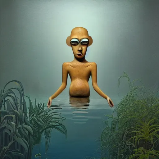 Prompt: Victor Brauner, minimalistic, hyperrealistic surrealism, award winning masterpiece with incredible details, epic stunning, infinity pool, an astronaut alone inside an empty dark flooded ballroom overgrown with aquatic plants, highly detailed, trending on ArtStation, artgerm and greg rutkowski and alphonse mucha, daily deviation, IAMAG