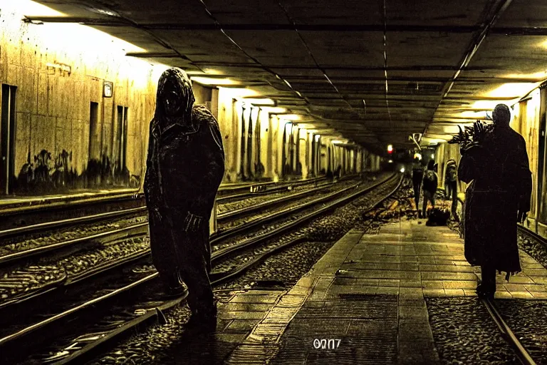 Image similar to very large giant mutant zombie irradiated an ifected with cancer and worms angry rat staying on railways in tonnel of moscow subway. extreme high detail, very realistic. low dark light, scary mood.