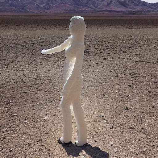 Image similar to a woman made of salt, standing in the desert