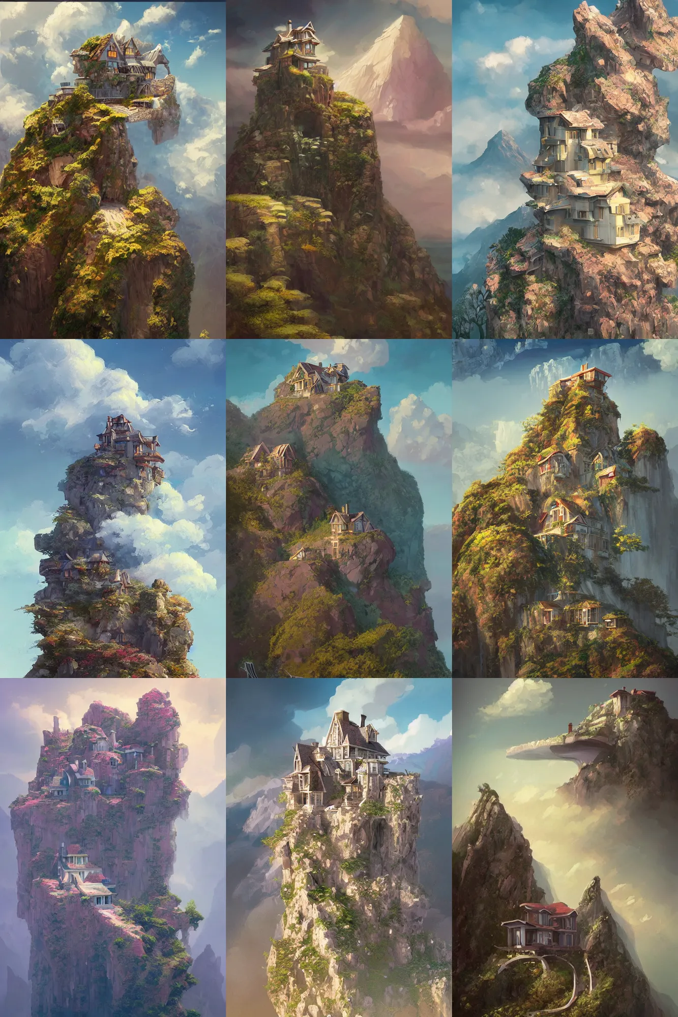 Prompt: A house on a mountain cliff, clouds, art deco design, by Mandy Jurgens and Warhol, Ernst Haeckel, James Jean, artstation, concept art