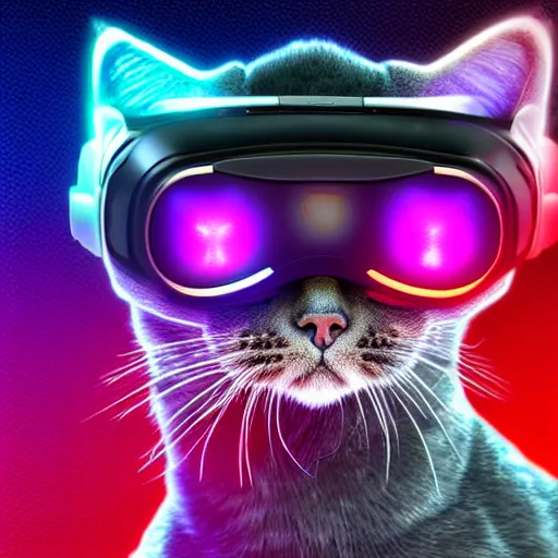 Image similar to a cat wearing a vr headset, synthwave, rgb