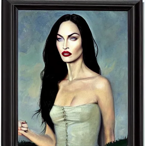 Image similar to upper body portrait megan fox as morticia addams by female adventurer by alfred stevens