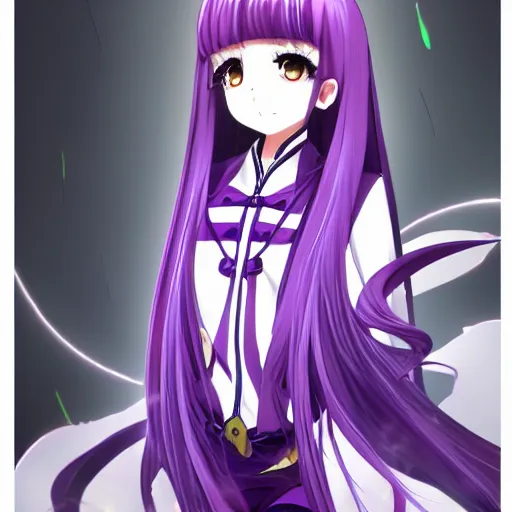 Image similar to anime full body illustration of a woman with purple hair wearing dark purple chinese outfit, her head is slightly tilted, medium shot, extremely detailed art, character showcase art, 4 k, anime key visual, official illustration by kyoto animation, monthly top rankings on pixiv, trending on artstation, danbooru art