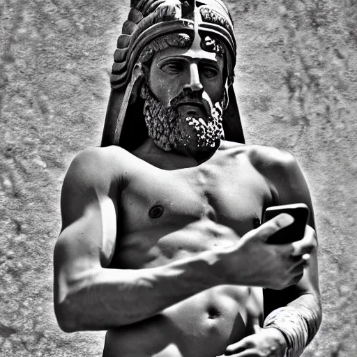 Image similar to photography portrait of a spartan holding a cell phone, ancient greece, leica 1 0 0 mm f 0. 8