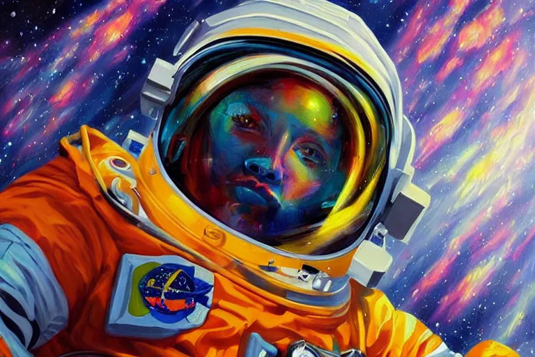 Image similar to A Detailed Painting of An Astronaut Floating In Space, Bright Colors, In The Style Of An oil Painting, Trending on cgsociety