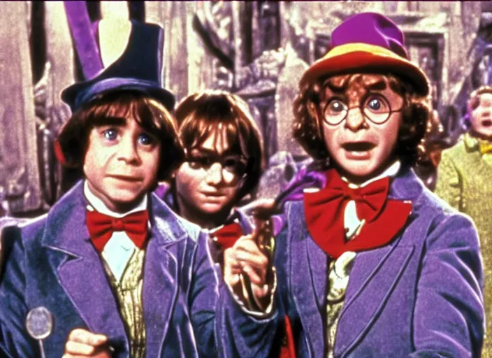 Prompt: film still of Harry potter in Willy Wonka's and the Chocolate Factory 1971