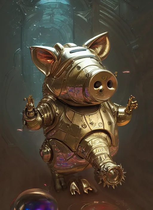 Prompt: robotic pig, d & d, wet, shiny, fantasy, intricate, elegant, extremely higly detailed, ultra definition, digital painting, artstation, baroque, concept art, smooth, sharp focus, illustration, art by artgerm and greg rutkowski and alphonse mucha