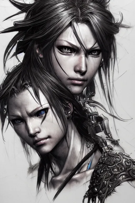 Prompt: very detailed portrait of a warrior princess, very detailed character drawing, yoji shinkawa, yoshitaka amano, award - winning art, trending on artstation