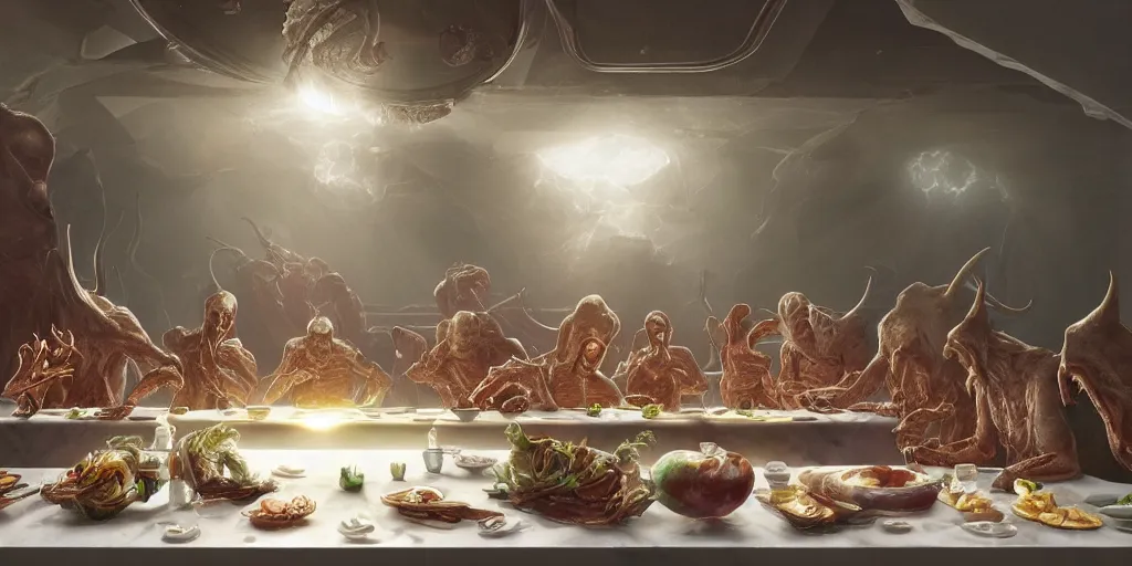 Image similar to !13 hungry aliens enjoying a rich salad around a marble table, !positioned as last supper cinematic lighting, dramatic framing, idilic, fantasy, highly detalied, 4k, artstation, by Wayne Barlowe