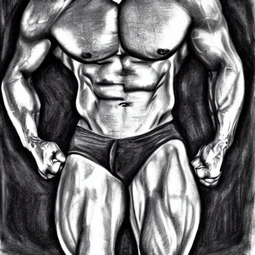 Image similar to sigma alpha male in the gym, charcoal drawing, beautiful strong bodybuilder, godly human being