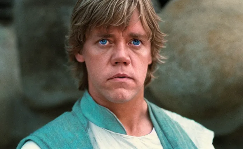 Image similar to screenshot portrait of Luke Skywalker, played by mark Hammill, in a teal, round Temple scene from 1980s film by Stanley Kubrick, 4k serene, iconic shot, surreal sci fi set design, photoreal detailed face, moody lighting stunning cinematography, hyper detailed, sharp, anamorphic lenses, kodak color film