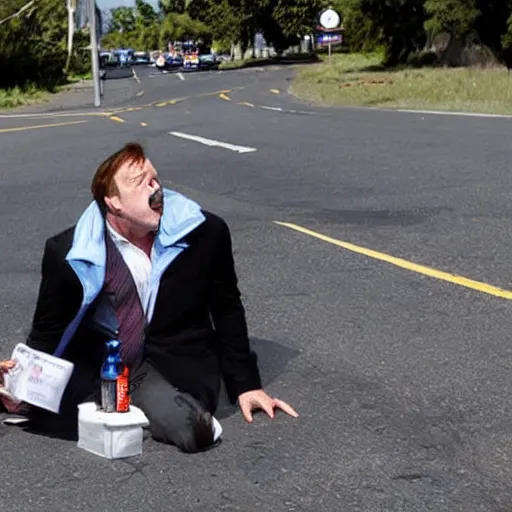 Prompt: alex jones begging for money on the side of the road, award winning press photo