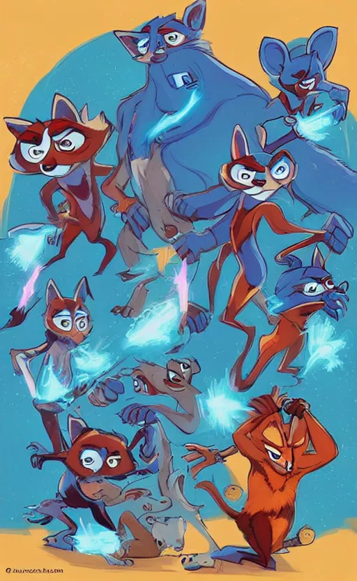 Image similar to “red racoons facing off with blue racoons in the style of zootopia, they’re all holding a laser gun”