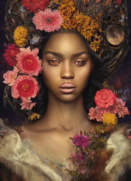 Image similar to portrait of the african queen of the underworld, surrounded by flowers by karol bak, james jean, tom bagshaw, rococo, sharp focus, trending on artstation, cinematic lighting, hyper realism, octane render, 8 k, hyper detailed.