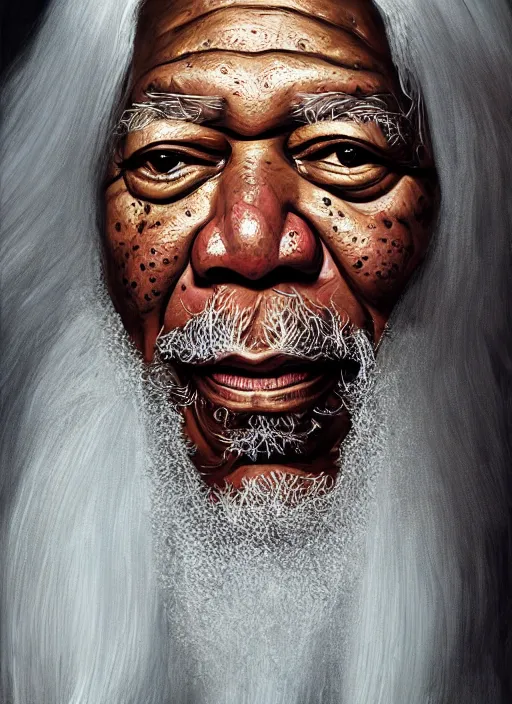 Prompt: portrait of morgan freeman as evil saurman the white, long white hair and white beard, long white robes, by alan lee, lord of the rings, smooth, oil painting, matte painting, concept art, trending on artstation, promotional artwork, film still, elegant, photorealistic facial features, intricate, detailed face, cinematic lighting