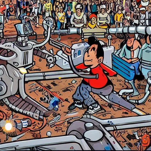 Prompt: Where's Waldo, on a futuristic robot battlefield