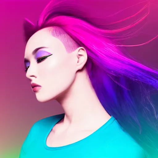 Prompt: a award winning head and torso portrait of a beautiful woman in a croptop with a ombre purple pink teal hairstyle with head in motion and hair flying, outrun, vaporware, vivid colors, highly detailed, fine detail, intricate