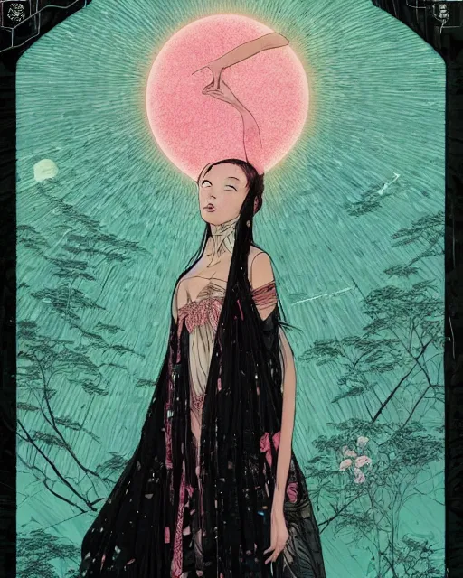 Prompt: lee jin - eun in luxurious dress emerging from pink and turquoise water in egyptian pyramid city during an eclipse by takato yamamoto, nicola samuri, conrad roset, m. k. kaluta, martine johanna, rule of thirds, elegant look, beautiful, chic, face anatomy, cute complexion