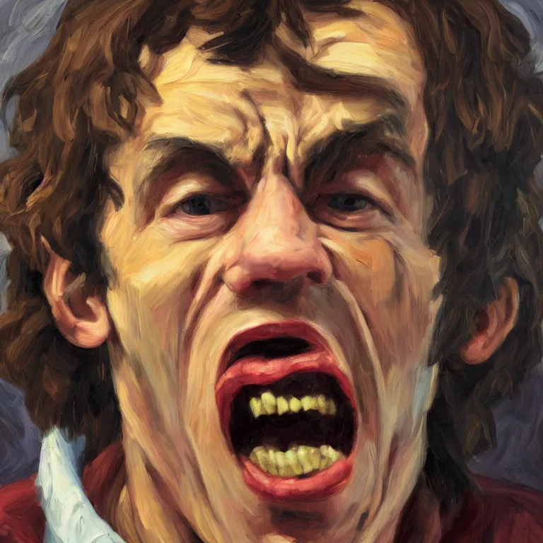 Image similar to warmly lit close up studio portrait of young angry!! screaming George Harrison age 23 furious!, impasto oil painting thick brushstrokes by Lucian Freud and Cy Twombly and Tim Hawkinson , trending on artstation dramatic lighting Expressionism