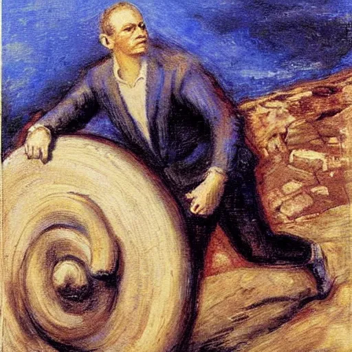 Prompt: a painting of benjamin netanyahu as sisyphus, carrying boulder, by franz stuck