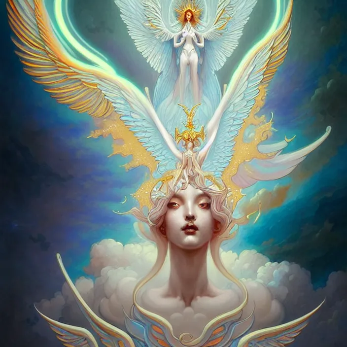 Prompt: stylized painting of an psychedelic angelic celestial being mythical creature by peter mohrbacher, by jung gi kim, trending on artstation, winged head, white gold skin, sacred geometry, esoteric art