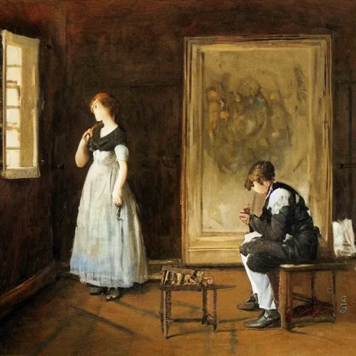 Image similar to a young man and a young woman solving an escape room puzzle, mysterious markings on the wall, by alfred stevens