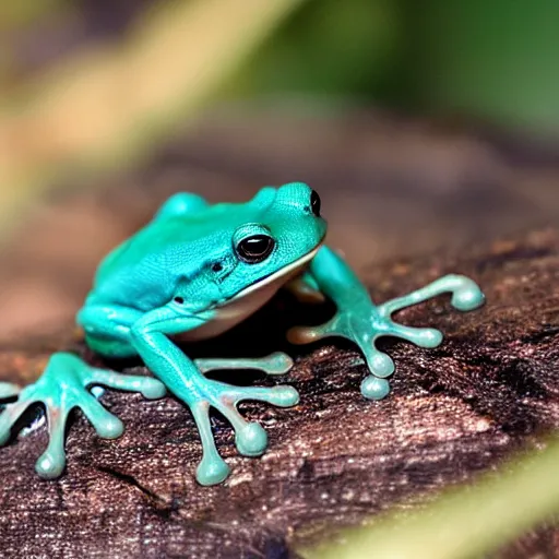 Prompt: photo { teal! frog } with { red eyes }