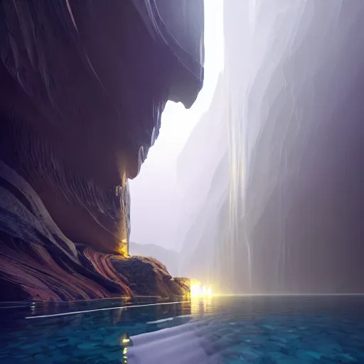 Image similar to light is mine to travel,beyond time ,the cathedrals in a canyon grotto of life the beginning , geological strata,ground mist, falling water,pools of water, by Sparth and Greg Rutkowski, hypermaximalist,micro details, 3d sculpture,,digital rendering,octane render , 4k, artstation, concept art , f22,deep depth of field,photographic, wide angle,cinematic lighting