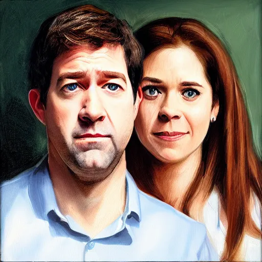 Image similar to portrait painting of jim halpert and pam beesly, in the style of caravaggio