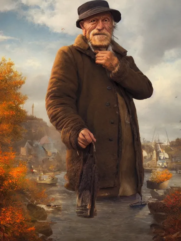 Image similar to realistic renderings portrait of very old fisher man portrait with a hat, wearing a fisher 🧥, coloured wears, ( ( ( ( ( a bird in the sky ) ) ) ) ) port scene background, astonishing scenes, detailed, photorealism, volumetric lighting, autumn lights colors, ultra detailed