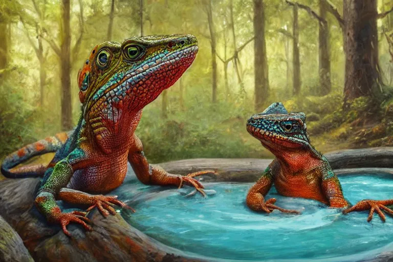 Image similar to highly detailed oil painting of a lizard man sitting in a steaming colorful hotspring with woodland forest backdrop, featured on artstation