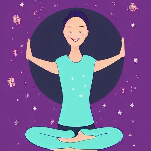 Prompt: young girl with teal pyjama in lotus yoga position, crescent moon background, illustration