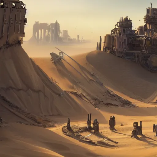 Prompt: painting of a sand landscape, steampunk, wreckage of hundreds of giant, humanoid robots, small figures in foreground, octane render, 4 k