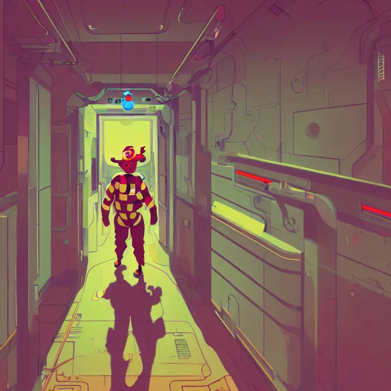 Image similar to A clown walking in the hallways of a space station, art by James Gilleard, James Gilleard artwork, vintage