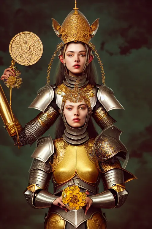 Image similar to hyperdetailed matte illustration of a female knight wearing an ornate gold headpiece and holding a flower with a map of the collective subconscious in the background by octane render