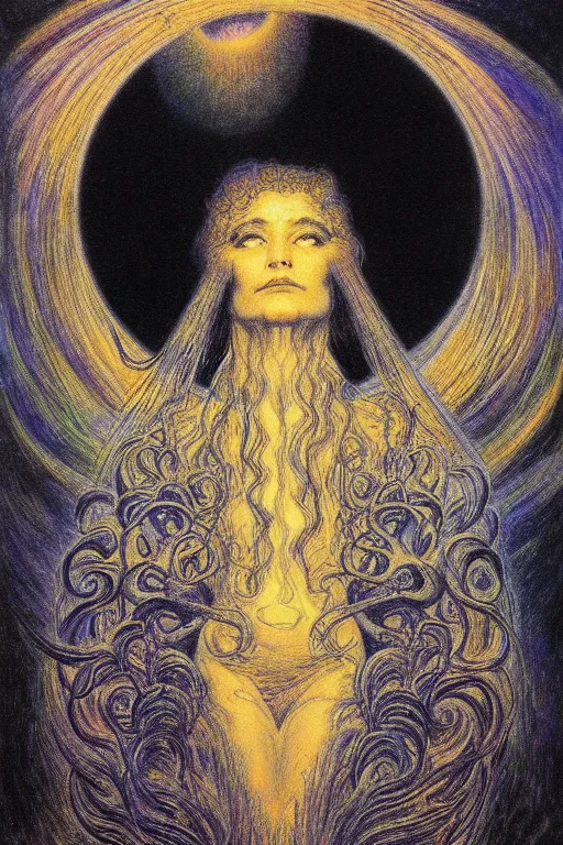 Image similar to the face of the black hole sun, in the style of gustav moreau, jean delville,  Gaston Bussiere and wayne barlowe composition by austin osman spare