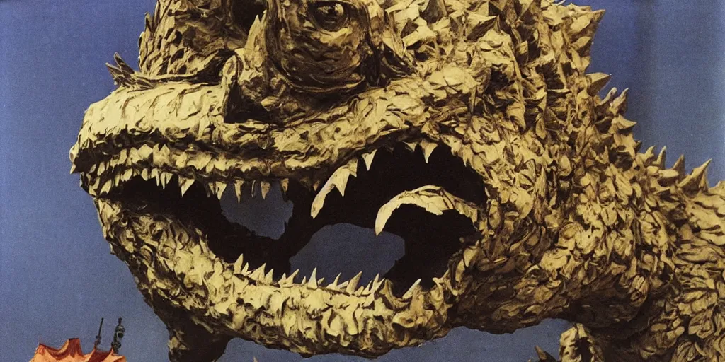 Image similar to paper mache godzilla breaking out of the artists studio, j. c. leyendecker, akira kurosawa